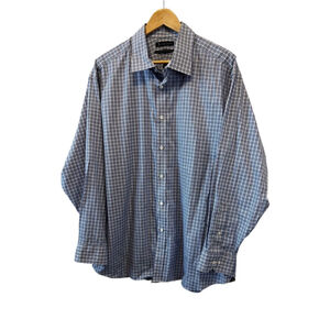 MENS HUDSON ROOM Fitted Blue & White Check Button Up Collared Dress Shirt 18